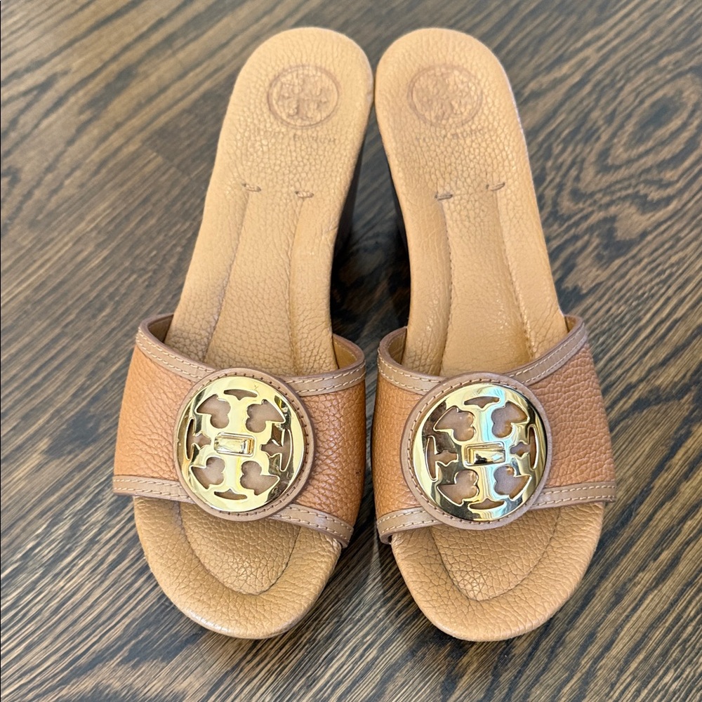 Tory Burch Brown Slide Sandals with Gold Logo